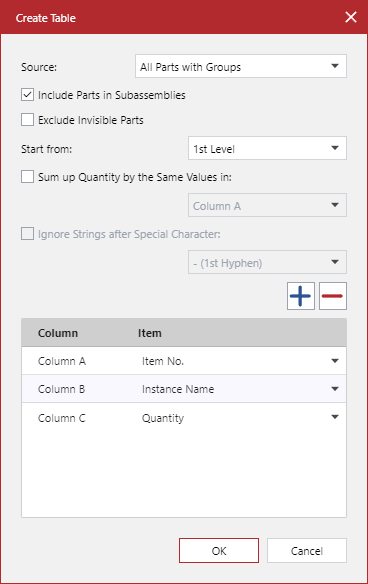 Create Table Pop-up Dialog