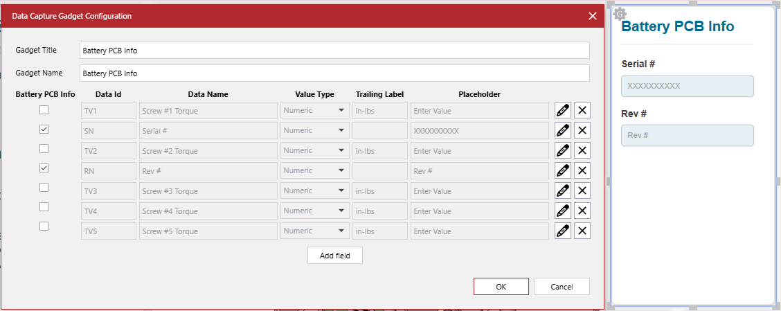 The Data Capture Gadget Configuration pop-up dialog for Battery PCB Info data capture gadget