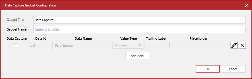 The Data Capture Gadget Configuration pop-up dialog with the default settings