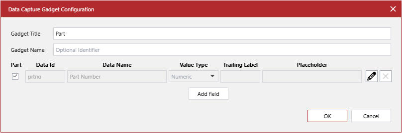The Data Capture Gadget Configuration pop-up dialog without the removed data capture field row