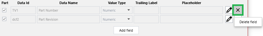 The Delete field button in the Data Capture Gadget Configuration pop-up dialog