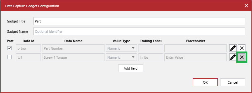 The Delete field button of an existing row of data capture field settings in the Data Capture Gadget Configuration pop-up dialog
