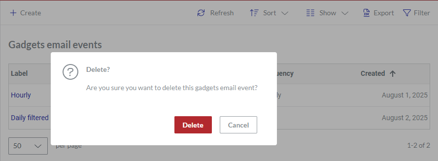 The Delete pop-up dialog for a gadget data email series