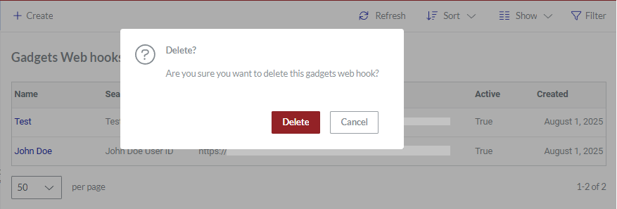 The Delete pop-up dialog for a gadget data webhook