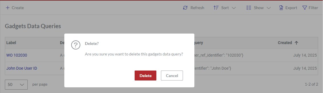 The Delete pop-up dialog for a gadgets data query