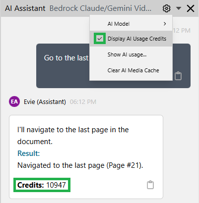 The Display AI Usage Credits switch on AI Configuration menu of the AI Assistant pane title bar shows prompt credit consumption