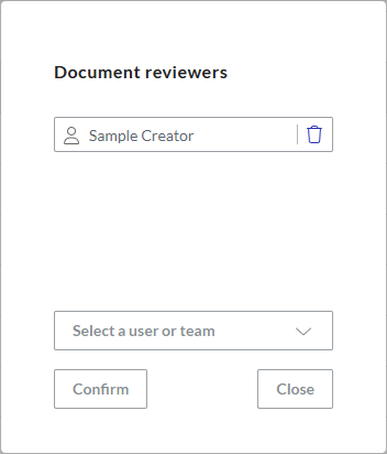 The Document reviewers pop-up Portal dialog with 1 given reviewer to manage reviewers in a reviewed document
