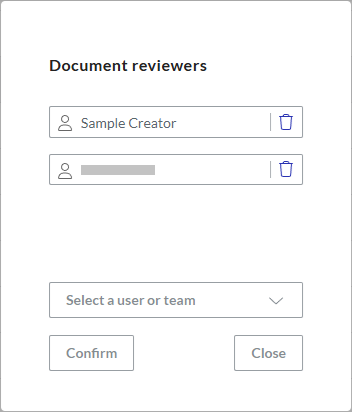 The Document reviewers pop-up Portal dialog with 2 given reviewers to manage reviewers in a reviewed document