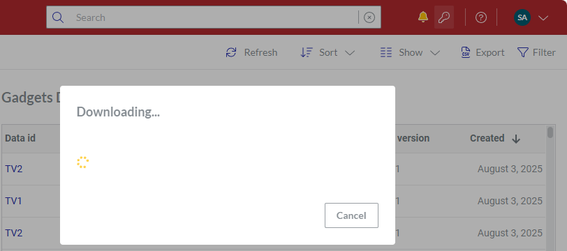 The Downloading pop-up dialog for the Gadgets Data Records content table