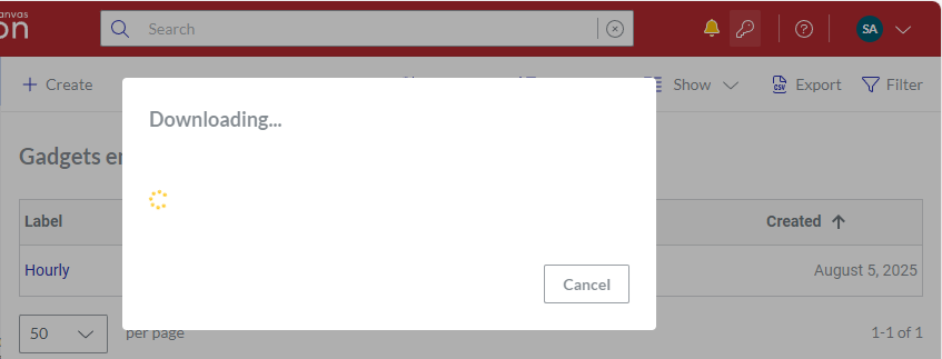 The Downloading pop-up dialog for the Gadgets email events content table