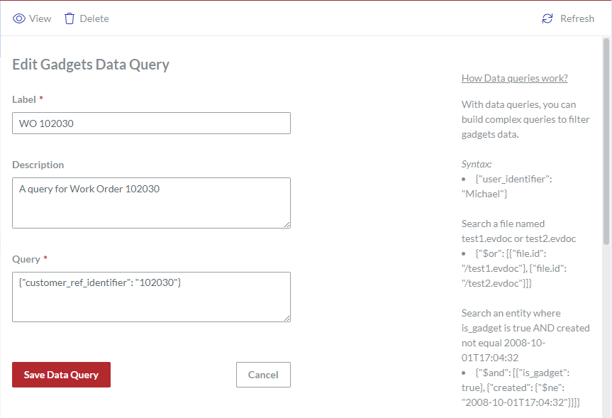 The Edit Gadgets Data Query page