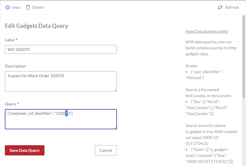 The gadget data query properties with new values in the Edit Gadgets Data Query page fields