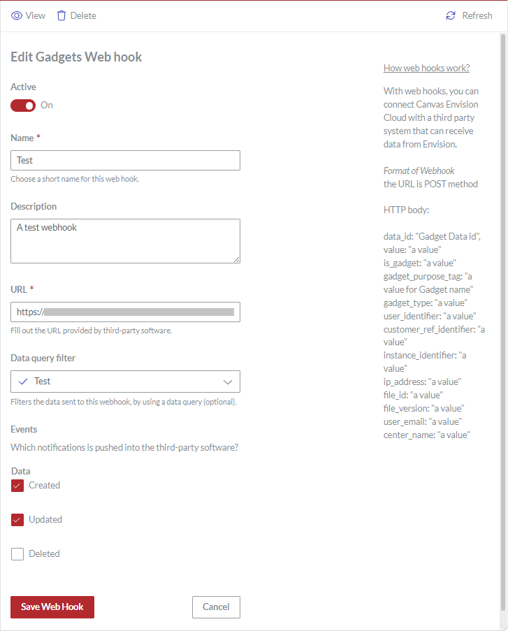 The Edit Gadgets Web hooks page