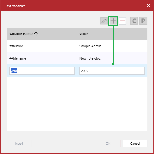 The Edit Text Variable toolbar button activates the cells on the selected row in the Text Variables pop-up dialog