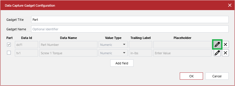 The Edit field button of an existing row of data capture field settings in the Data Capture Gadget Configuration pop-up dialog