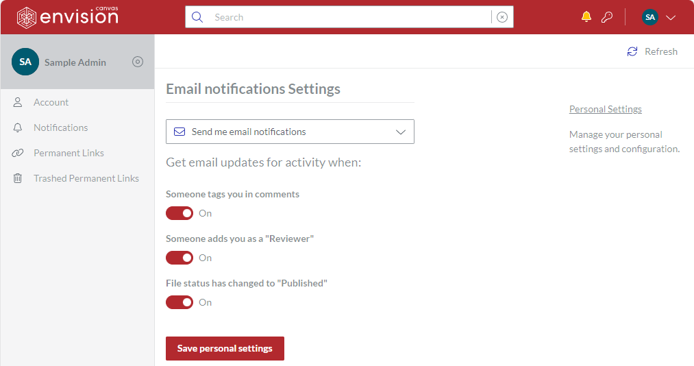 Email Notifications Settings page