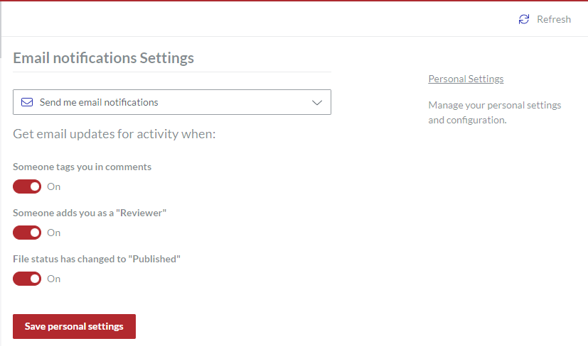 Email Notifications Settings Page Features