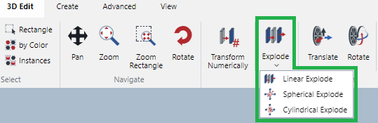 Explode button in the Transform Panel on the 3D Edit Ribbon Tab in 3D Edit Mode