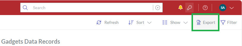 The Export button on the Gadgets Data Records content toolbar