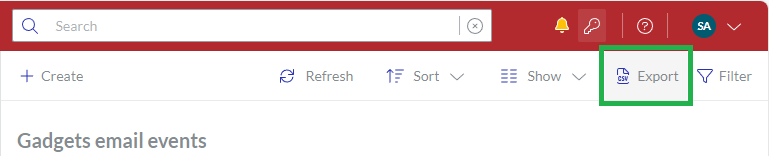 The Export button on the Gadgets email events content toolbar