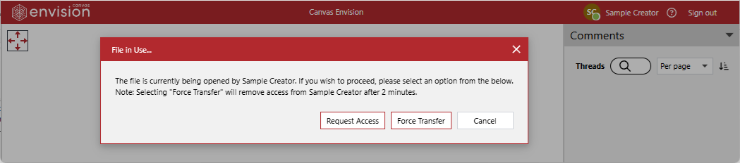 A File In Use warning when opening a locked file from a notification on a comment event