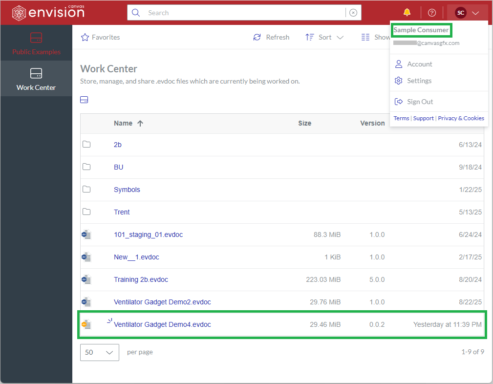 A File with the Review Status visible to a Consumer on the Canvas Envision Portal