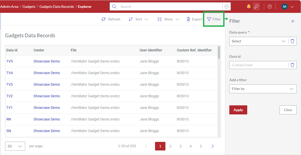 The Filter button on the Gadgets Data Explorer content table toolbar toggles the visibility of the Filter pane on the right