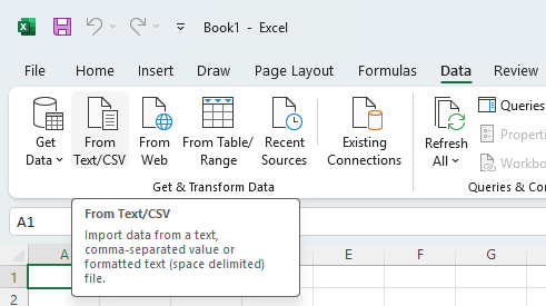 The From Text/CSV button on the Get & Transform Data panel of the Data ribbon tab in Microsoft Excel