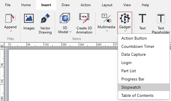 Gadget menu in the Items Panel on the Insert Ribbon Tab