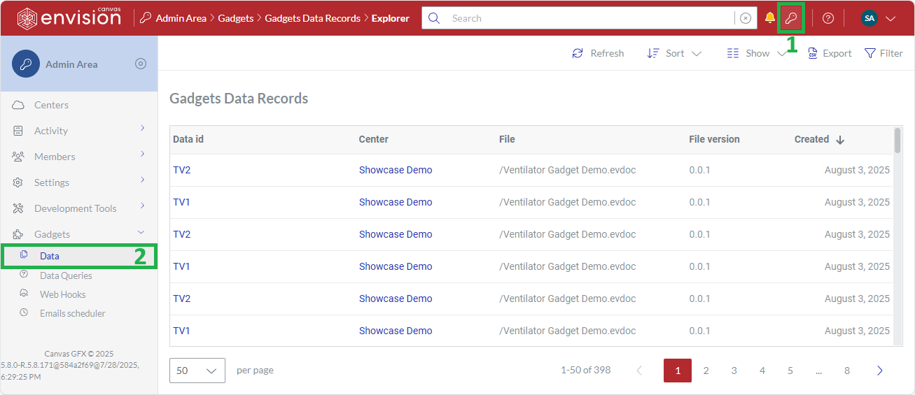 The Gadgets Data Admin Area Sidebar Button