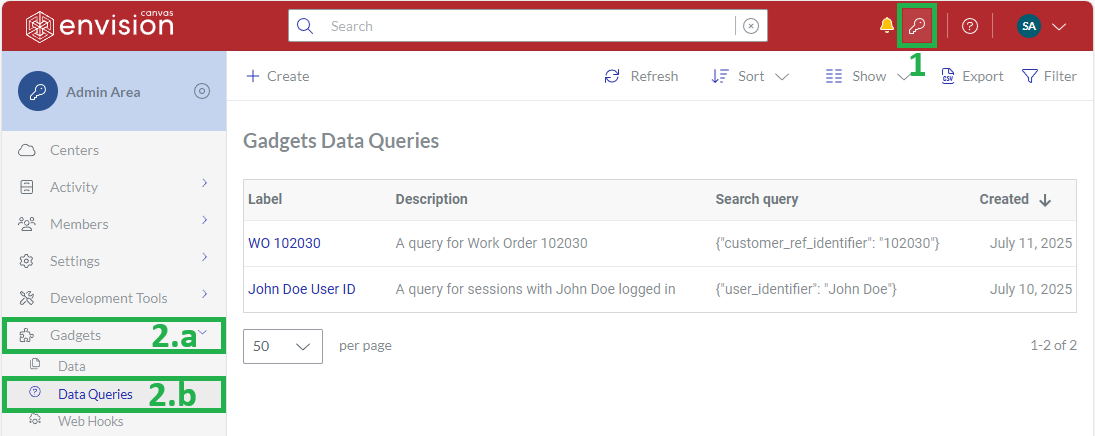 The Gadgets Data Queries Admin Area sidebar button