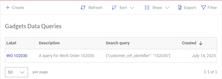 The Gadgets Data Queries page with the newly created WO 102030 gadget data query