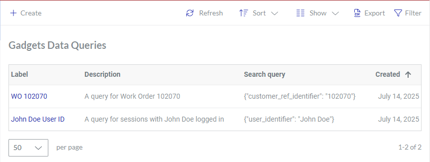 The Gadgets Data Queries page with the updated WO 102070 gadget data query