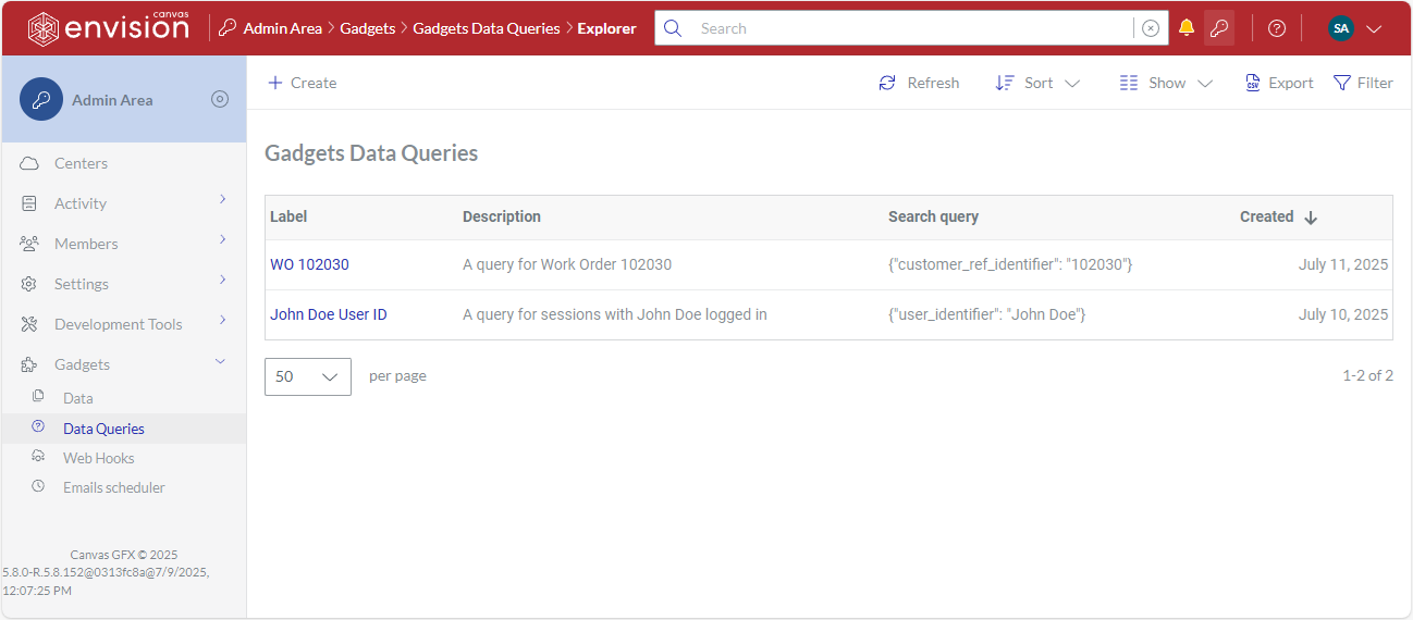 The Gadgets Data Queries page in the Admin Area of the Canvas Envision Portal