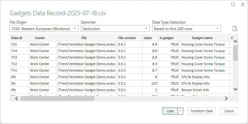 The Gadgets Data Record-2025-07-18.csv pop-up dialog in Microsoft Excel