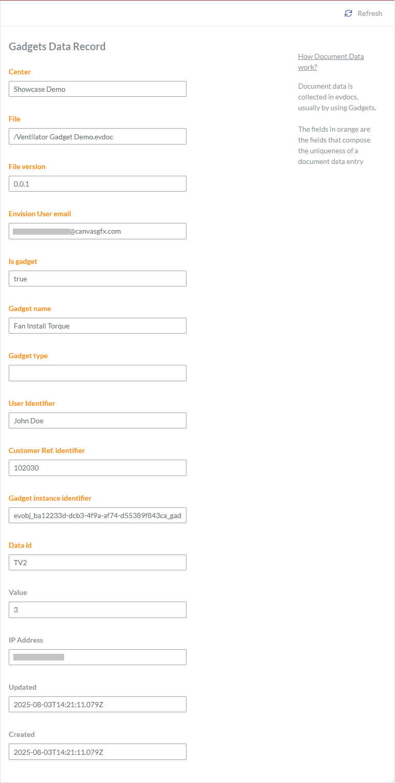 The Gadgets Data Record Page