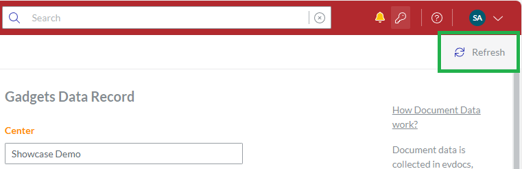 The Gadgets Data Record page toolbar