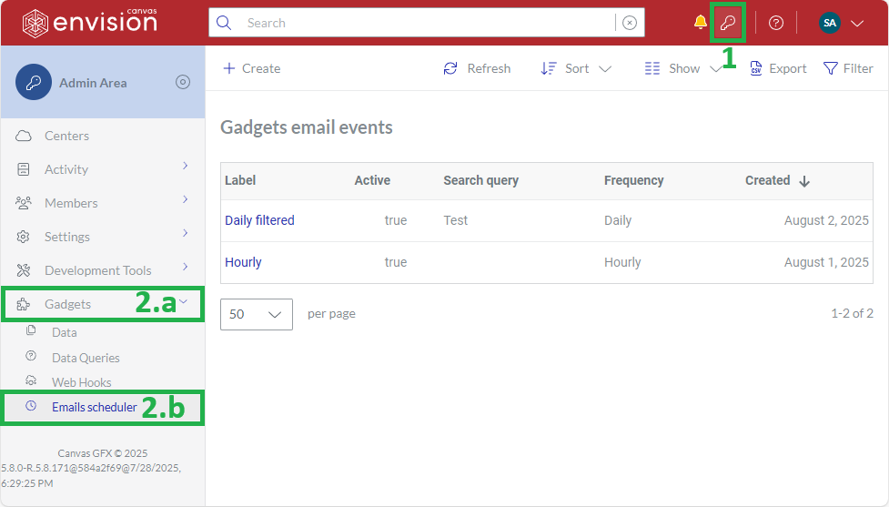 The Gadgets Email scheduler Admin Area sidebar button