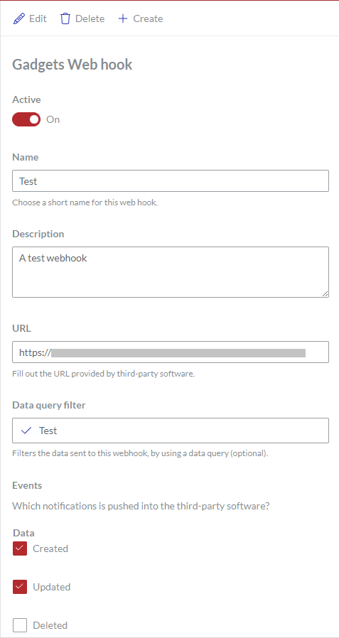 The Gadgets Web hook page in view mode