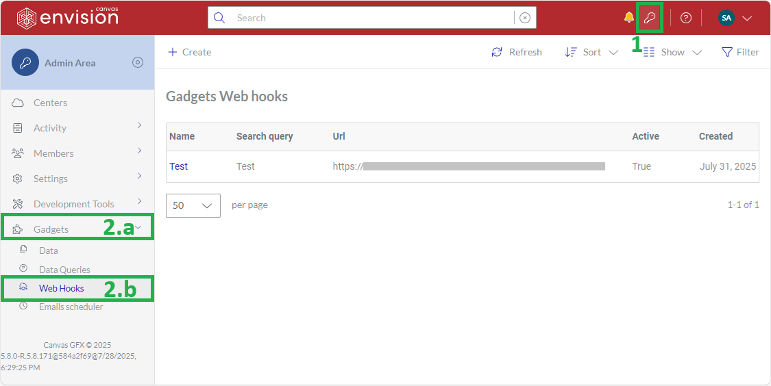 The Gadgets Web Hooks Admin Area sidebar button