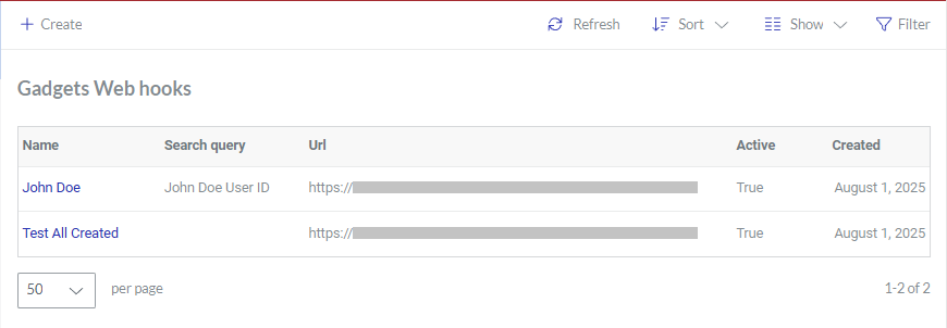 The Gadgets Web hooks page with the updated Test All Created gadget data webhook