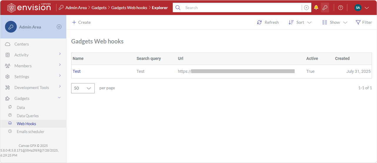 The Gadgets Web hooks page in the Admin Area of the Canvas Envision Portal