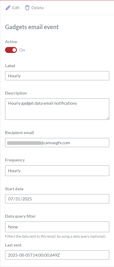 The Gadgets email event page in view mode