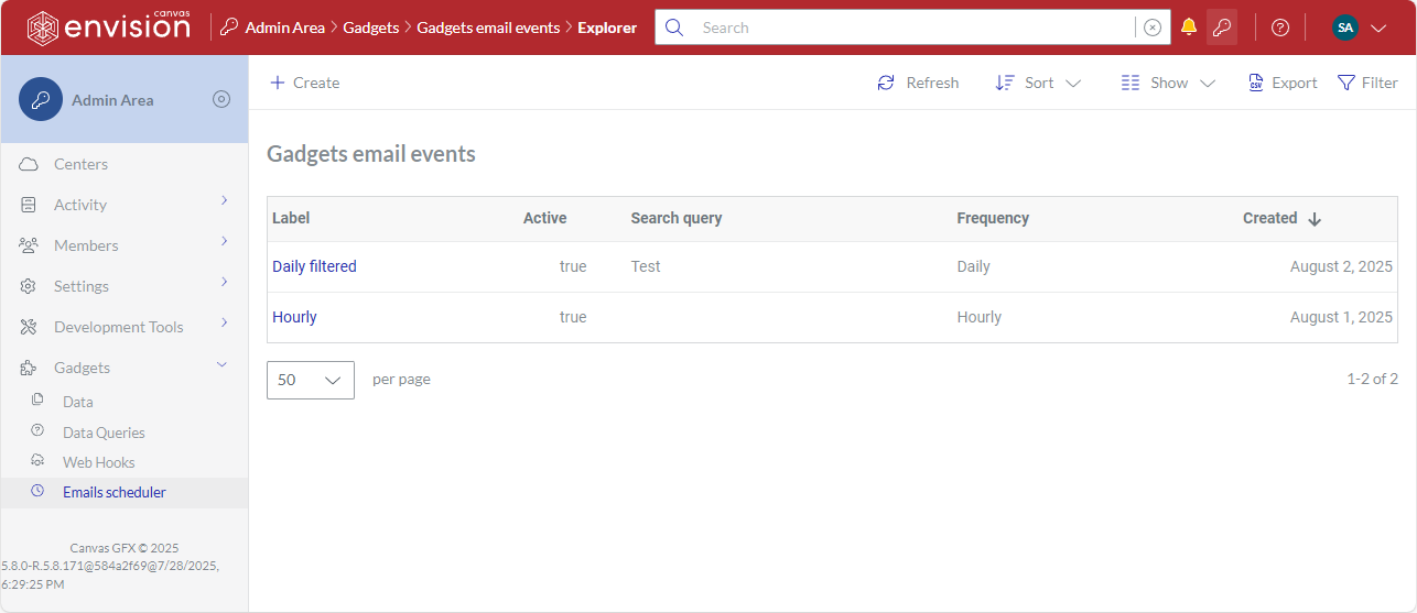 The Gadgets email events page in the Admin Area of the Canvas Envision Portal