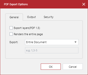 General Tab of the PDF export options Pop-up Dialog