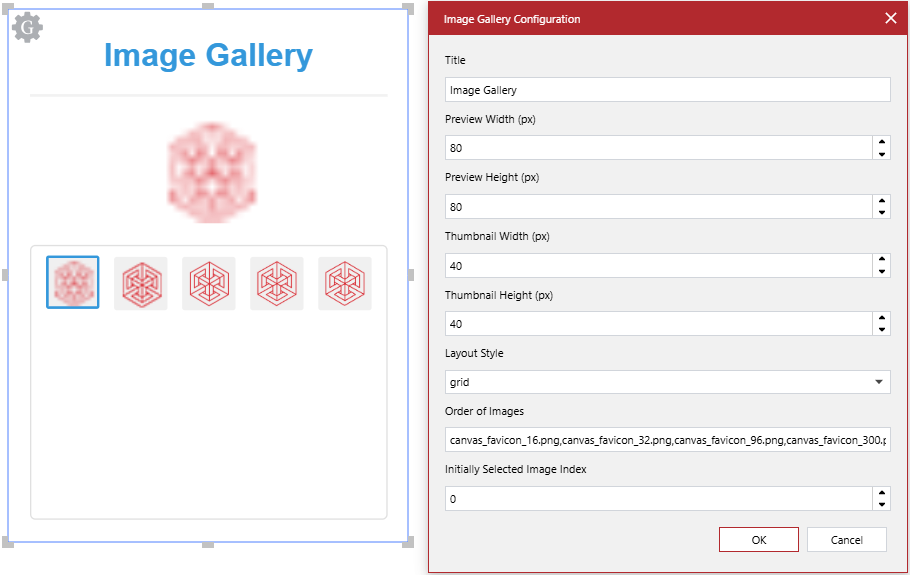 The Image Gallery Configuration pop-up dialog for an image gallery gadget
