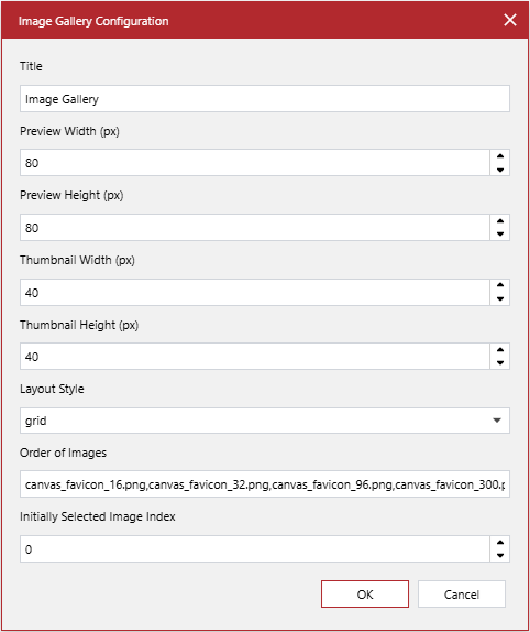 The Image Gallery Configuration pop-up dialog with the default settings
