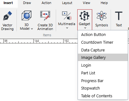 The Image Gallery command from the Gadget menu in the Items Panel on the Insert Ribbon Tab
