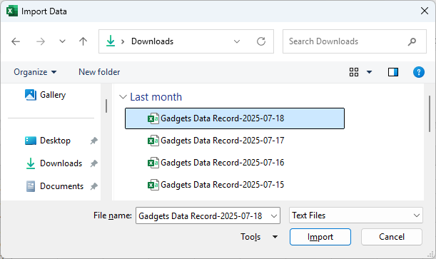 The Import Data pop-up dialog in Microsoft Excel