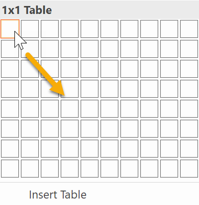 1x1 Table in the Insert Table drop-down menu matrix